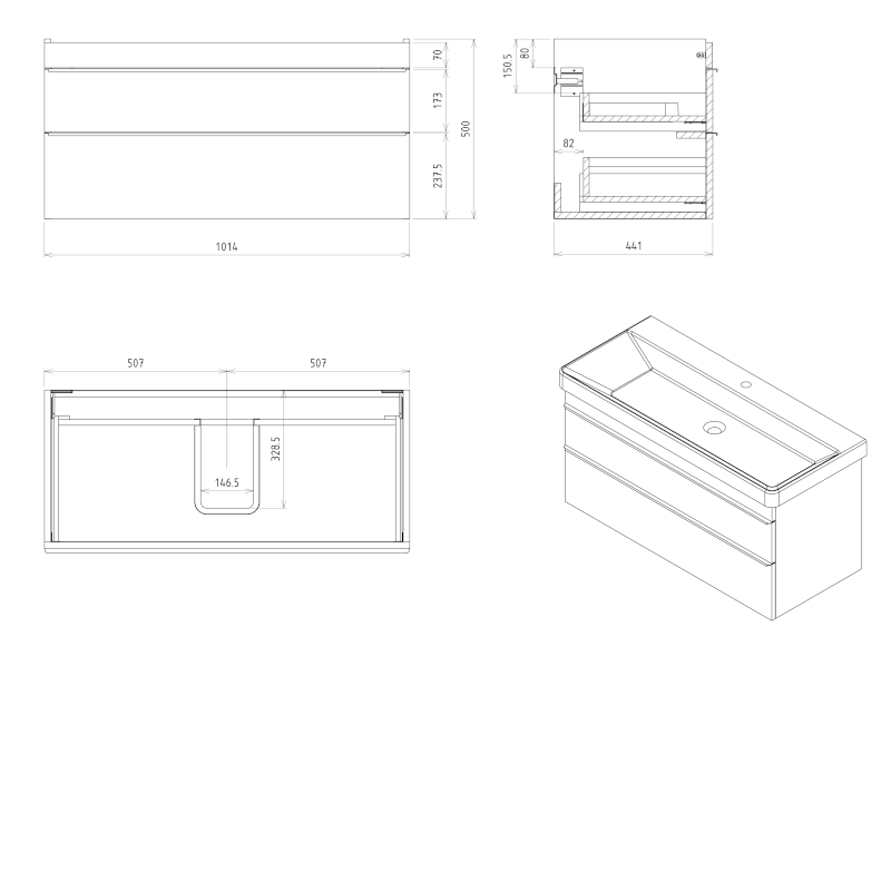 SITIA umyvadlová skříňka 101,4x50x44,2cm, 2xzásuvka, borovice rustik SI105-1616
